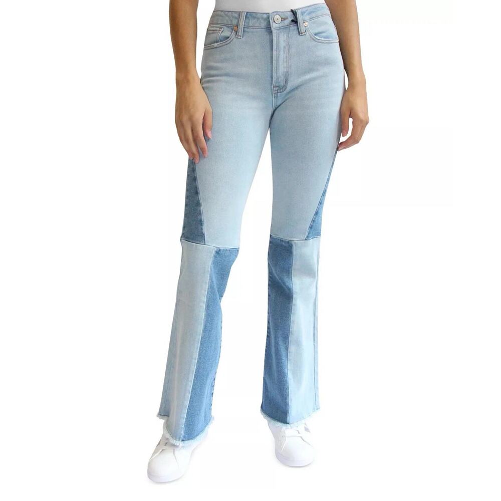 Almost Famous Flare Jeans Distressed Patchwork Cotton Light Wash Raw Hem